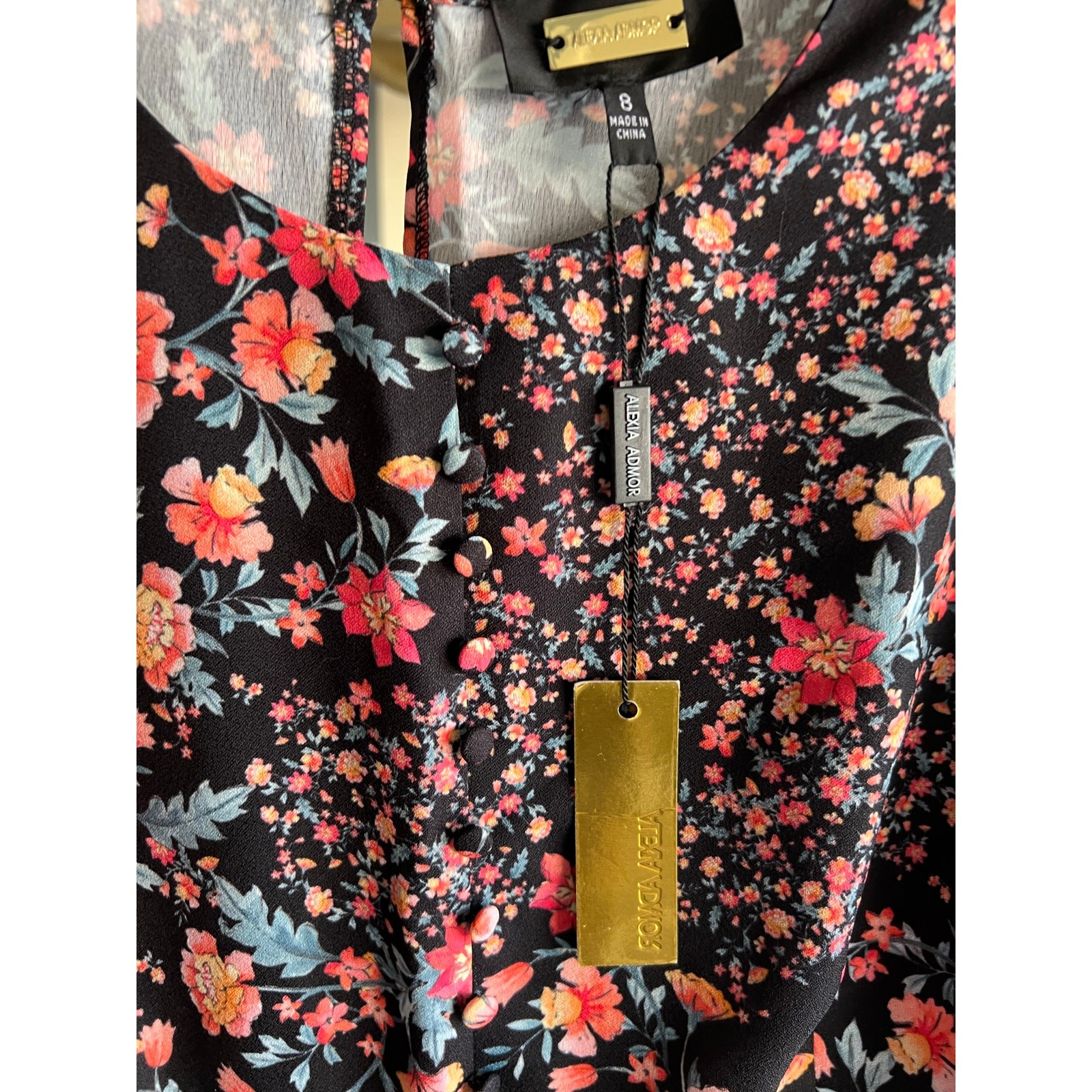 Alexia Admor Katie midi dress black, pink, and orange floral print NWT Sz 8