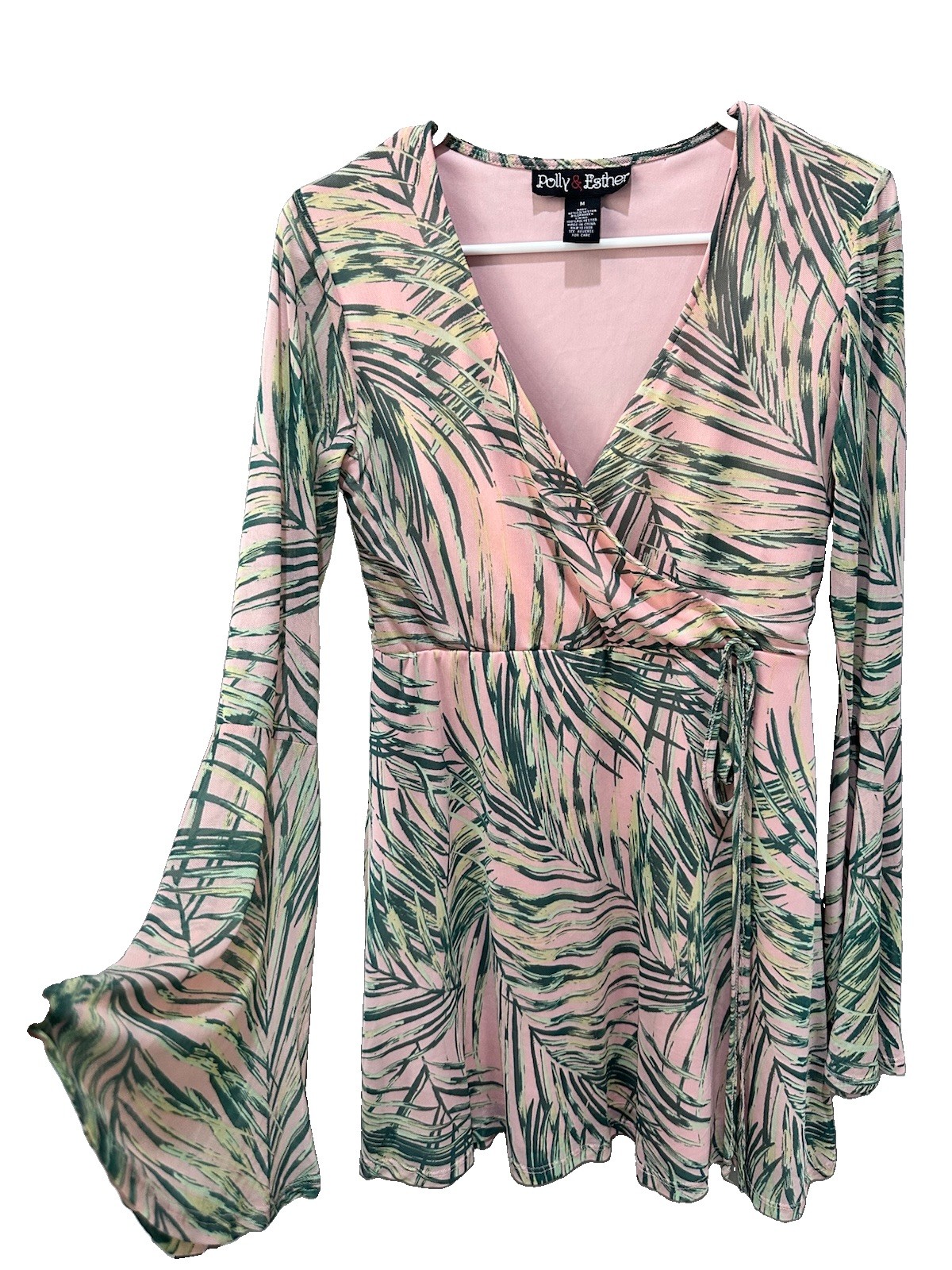 Polly & Esther Dress Size M Pink Green Palm Leaf Print Wrap Mini Bell Sleeve