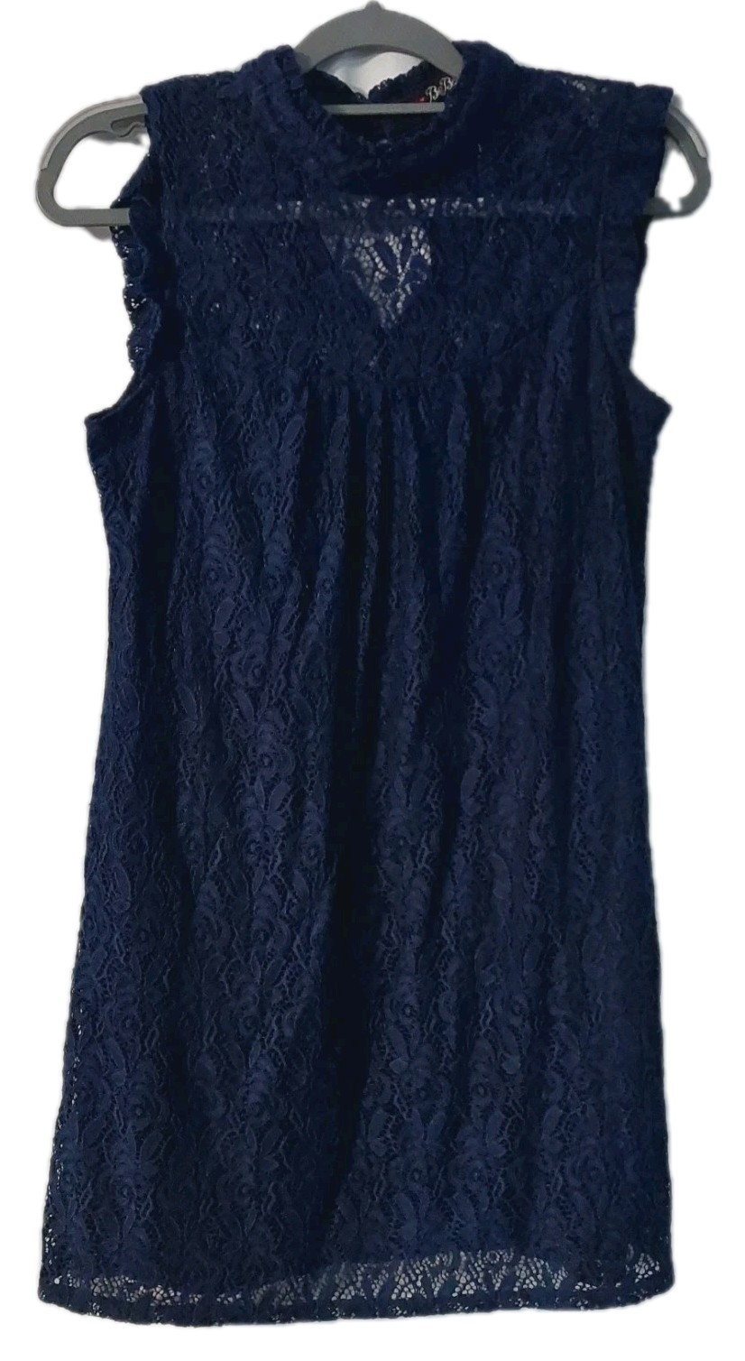 Be Bop Womens Lace Dress Size Large High Neck A-Line Blue Length 33″ Floral
