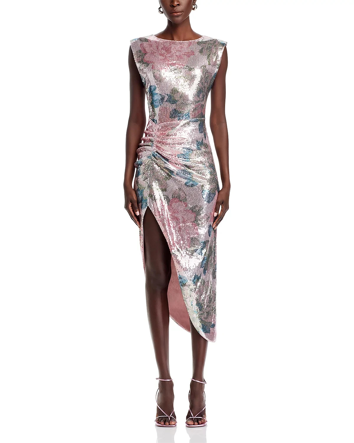 Aqua L96304 Pink Floral Sequined Cap Sleeve Ruched Asymmetric Hem Dress Size S