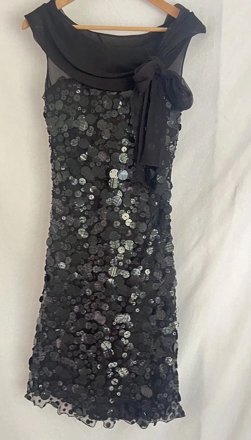 90s Moschino Black Silk Paillette Sequin Cocktail Sheath Bow Evening Dress Italy