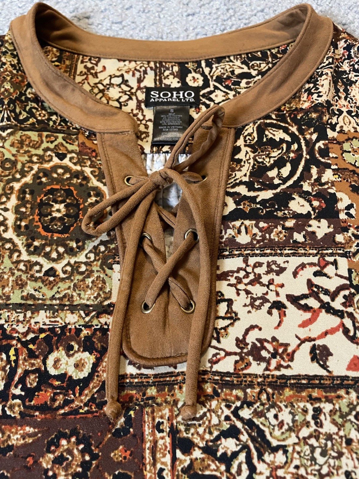 Soho Apparel Ltd Floral Dress S Belted Brown Ivory Front Tie Boho Classic City