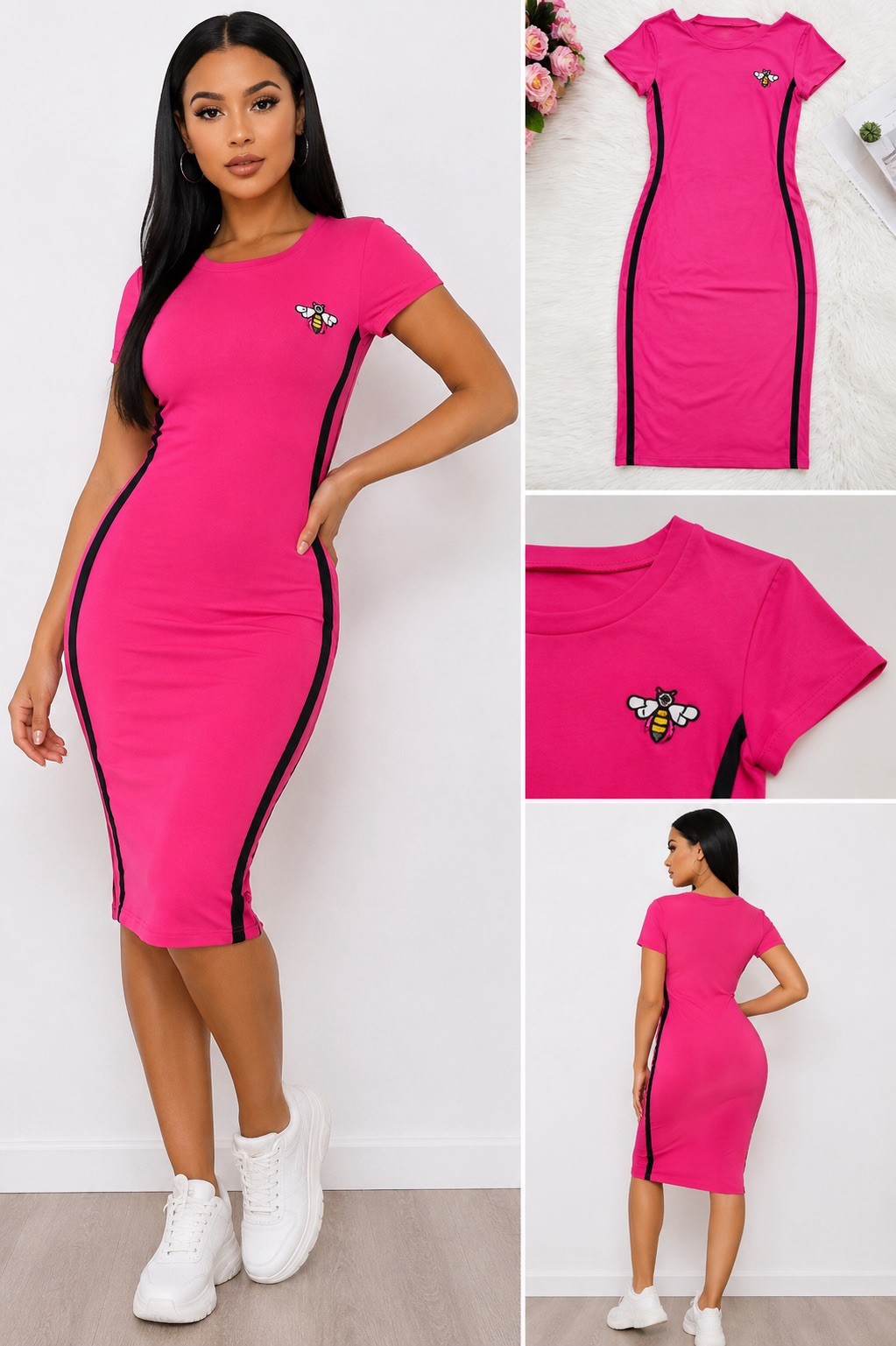 Women’s Pink Bodycon Midi Dress Black Side Stripe Bee Logo Crew Neck S