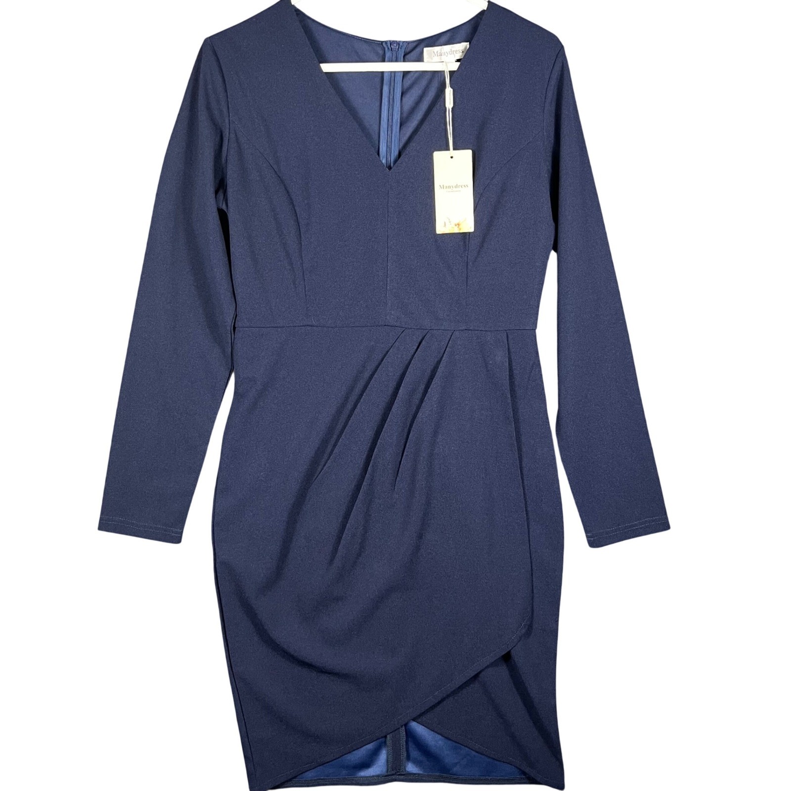 Manydress Cocktail Dress Women Medium Navy Blue Long Sleeve V-Neck Wrap Front
