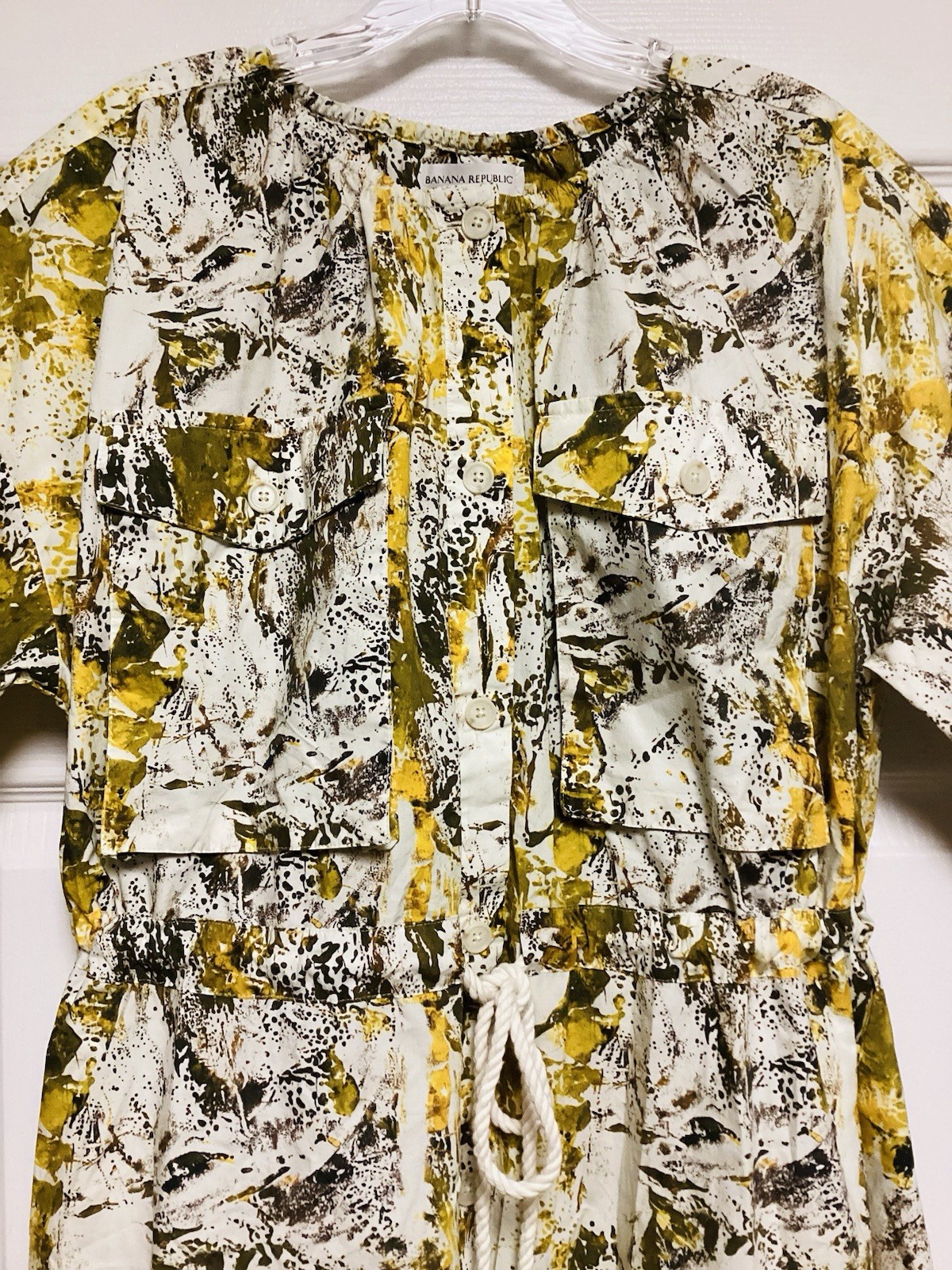 NWT $180 Banana Republic Yellow Camo Splatter Pocket Midi Shirt Dress Sz Small