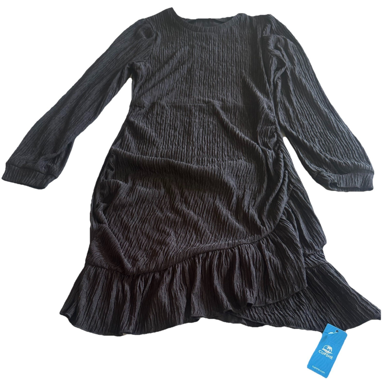 Cupshe Black Solid Textured Shift Dress Short Round Neck Long Sleeve Ruffle M