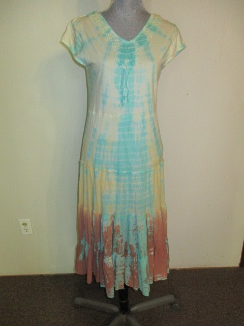 Back in the Saddle Tie Dye Crochet Accent Neck Tiered Midi Dress Size M