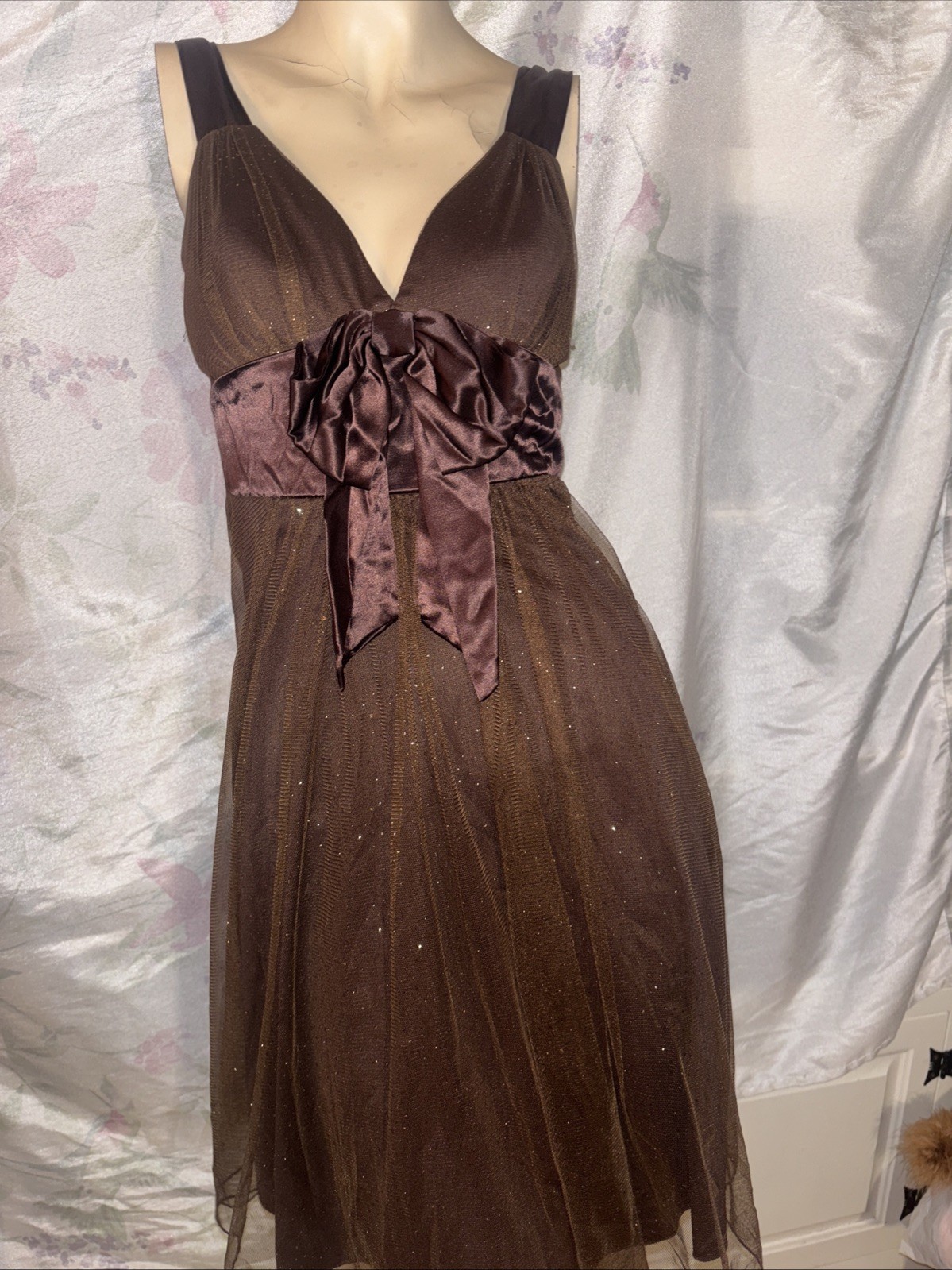 SPEECHLESS,brown tulle,tiny silver dots,satin bow,z5,S,pleats,shirred,New,UNIQUE