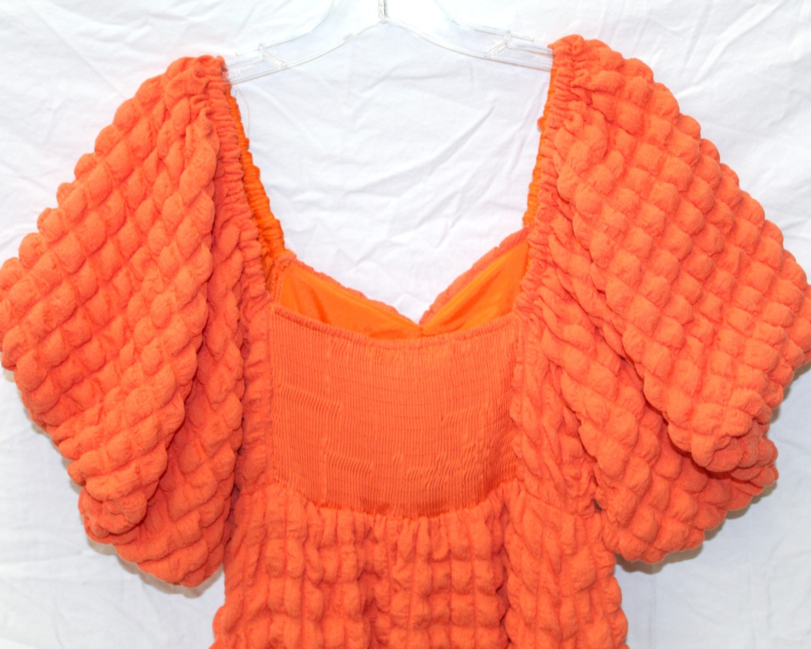 NWT Merci Orange Bubble Dress – Textured Puff Sleeve Midi Dress – Smocked Back