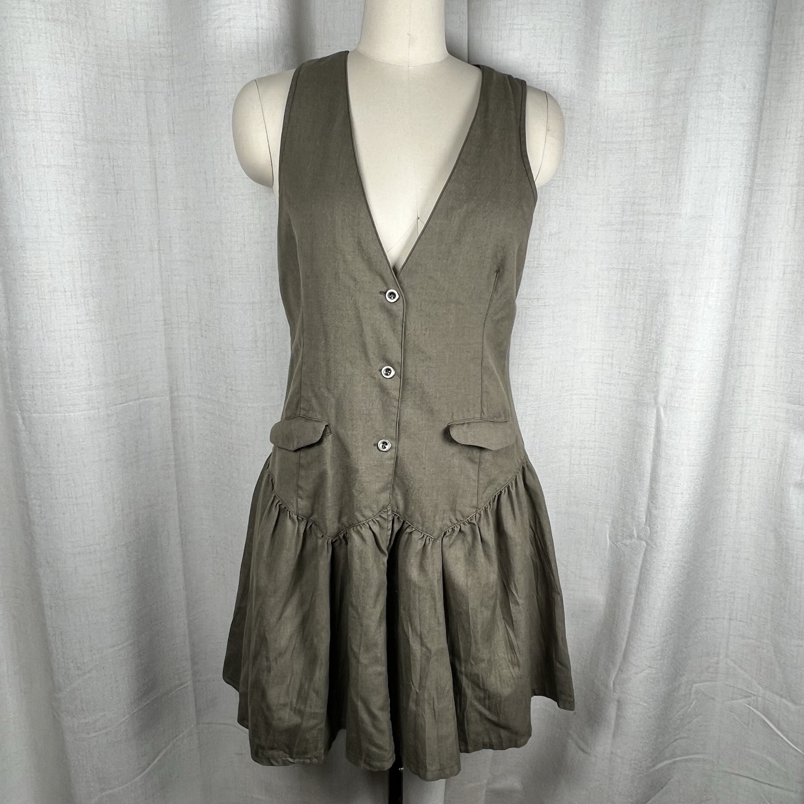 Vintage Free People Sleeveless Army Green Wool Blend Vest Ruffled Mini Dress 10