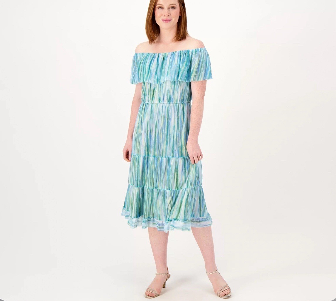 Isaac Mizrahi Live Always Isaac Printed Mesh Ruffle Dress XL Blue A589947