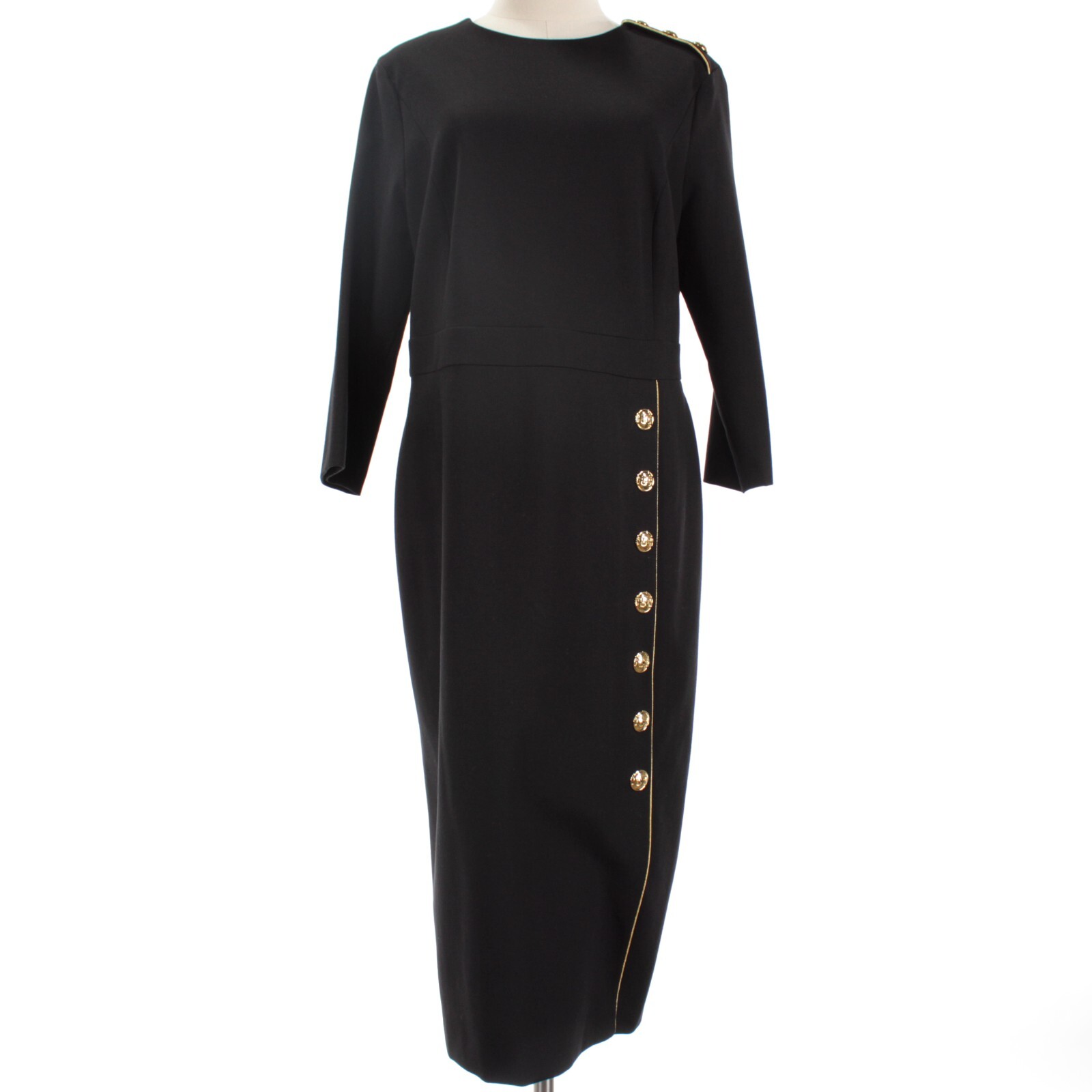 Escada NWT Dhenia 3/4 Sleeve Button Sheath Midi Dress Size 42 in Black/Gold