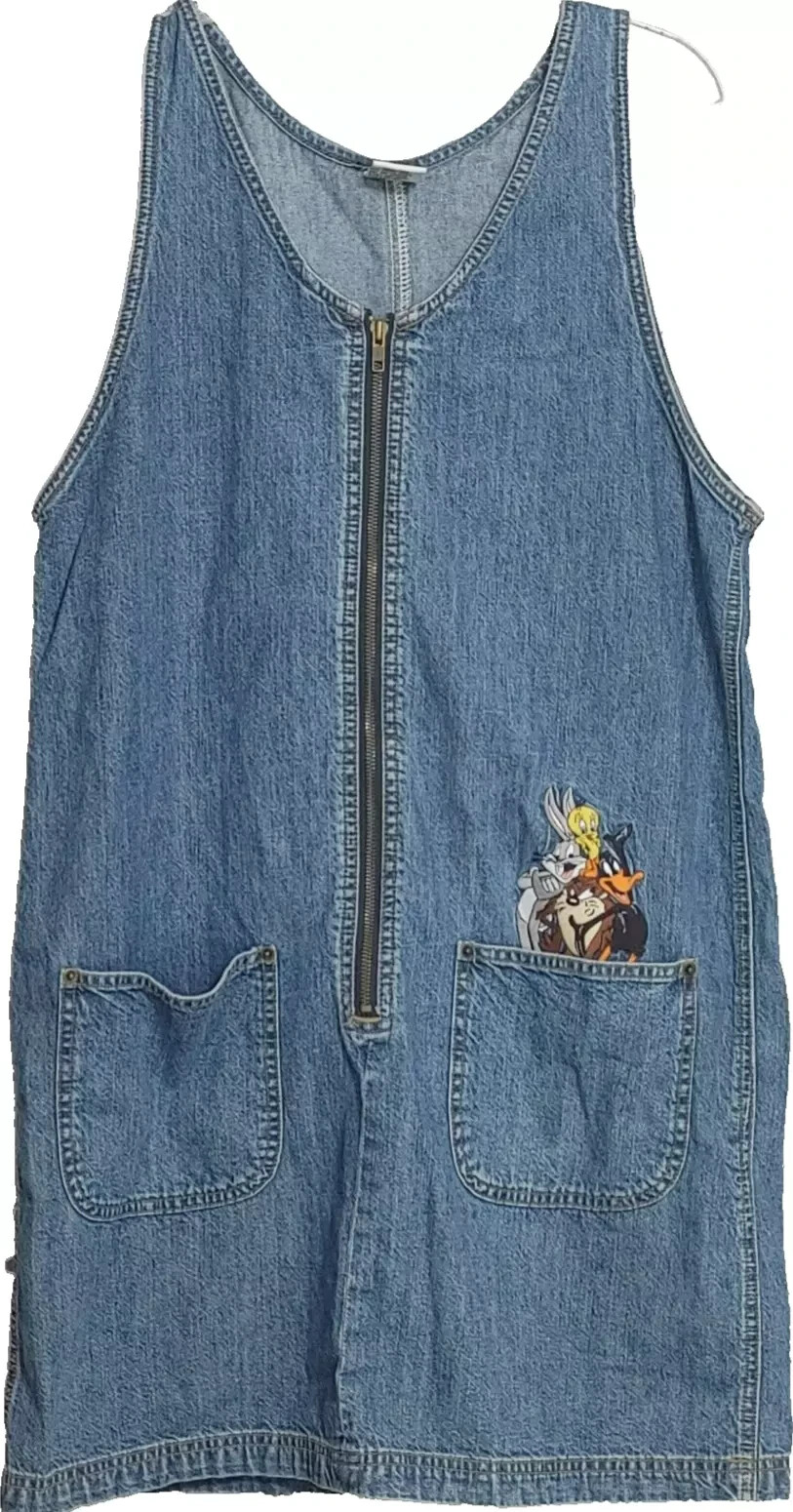 Looney Tunes Warner Brothers Ladies Denim Jean Dress ZipUp Size Large, Bugs Taz