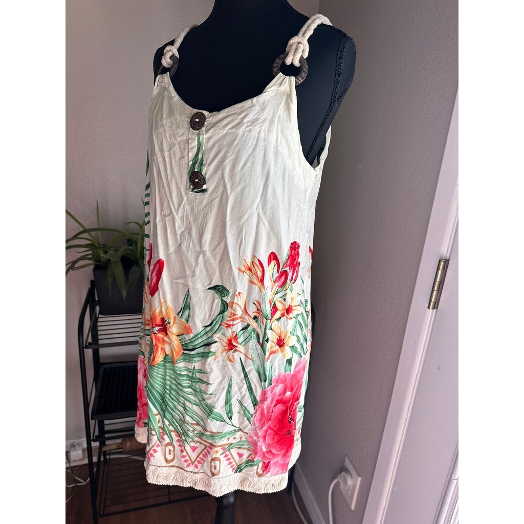 Tropical Floral Print Sundress / Beach Cover-Up with Rope Straps & Fringe Hem