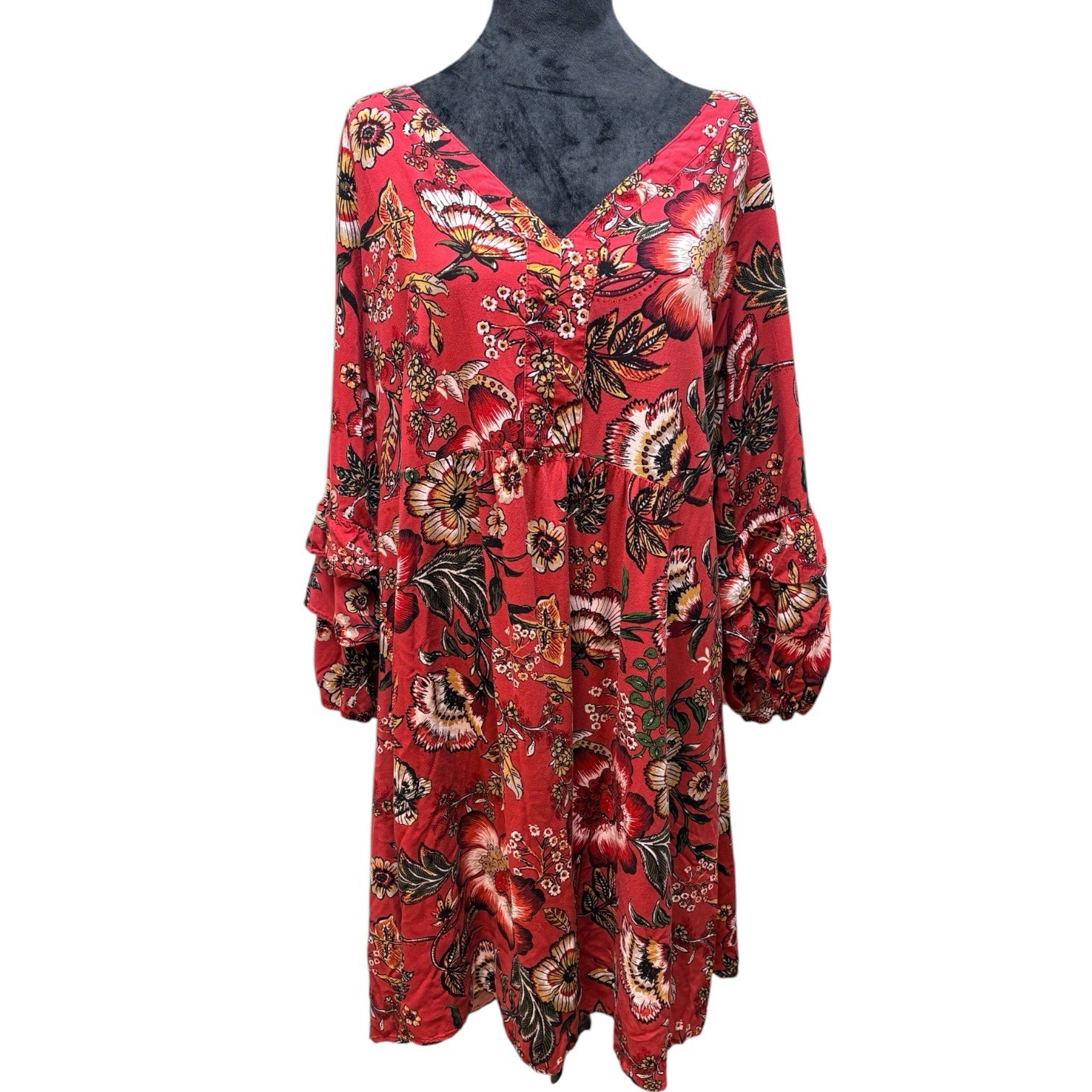 Hope Spring Floral Boho Peasant Dress Womens Red Rayon XL Fit