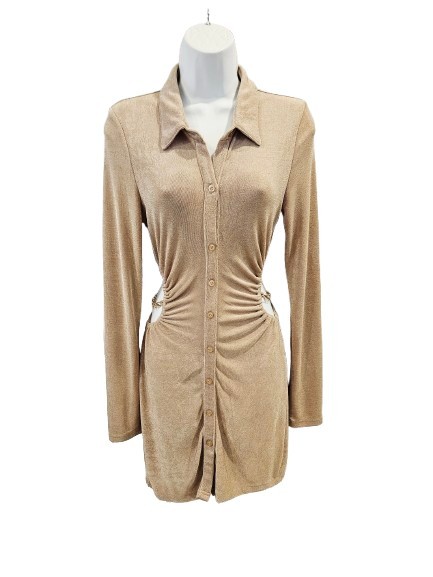 Runaway The Label ALPHA Shirt Dress- GOLD Shimmer Longsleeve Ruched Size 6/M