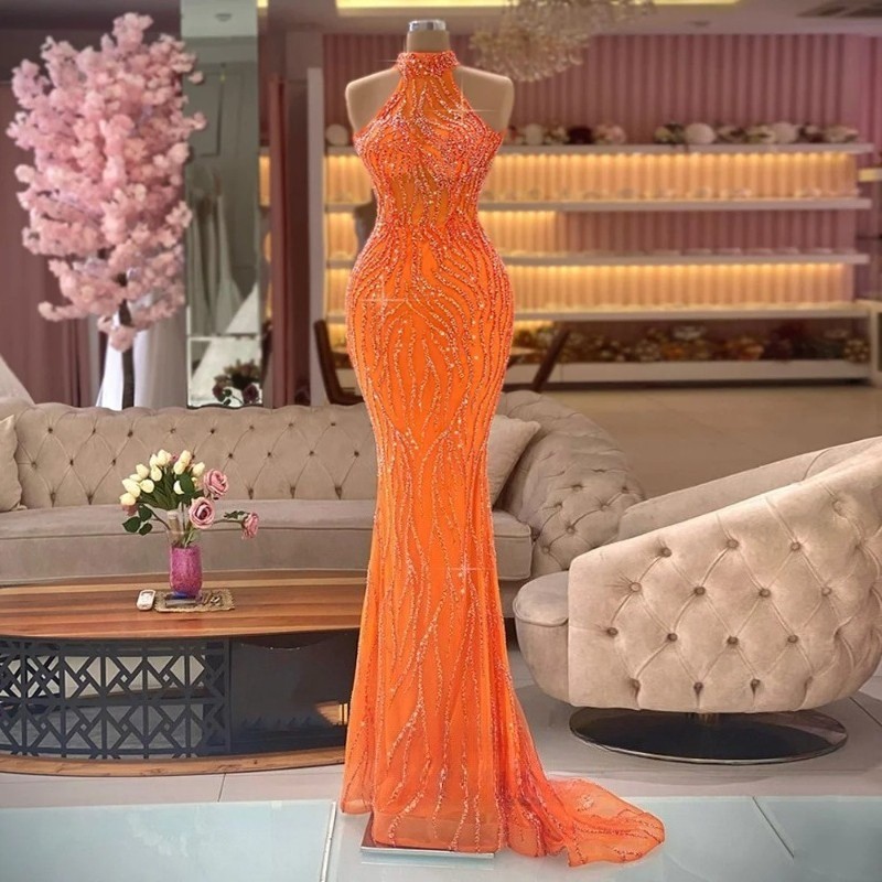 Shiny Mermaid Evening Dresses Sexy Halter Sleeveless Beaded Sequined Prom Gowns