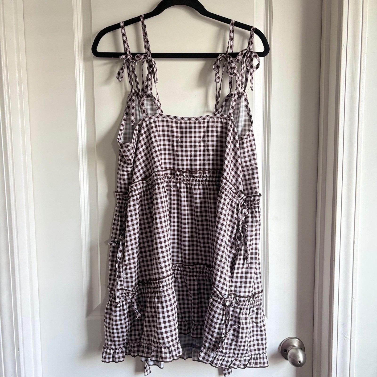 NWT BAIIA Viv Multi-Way Tier Mini Babydoll Dress Convertible Brown Gingham Sz: M