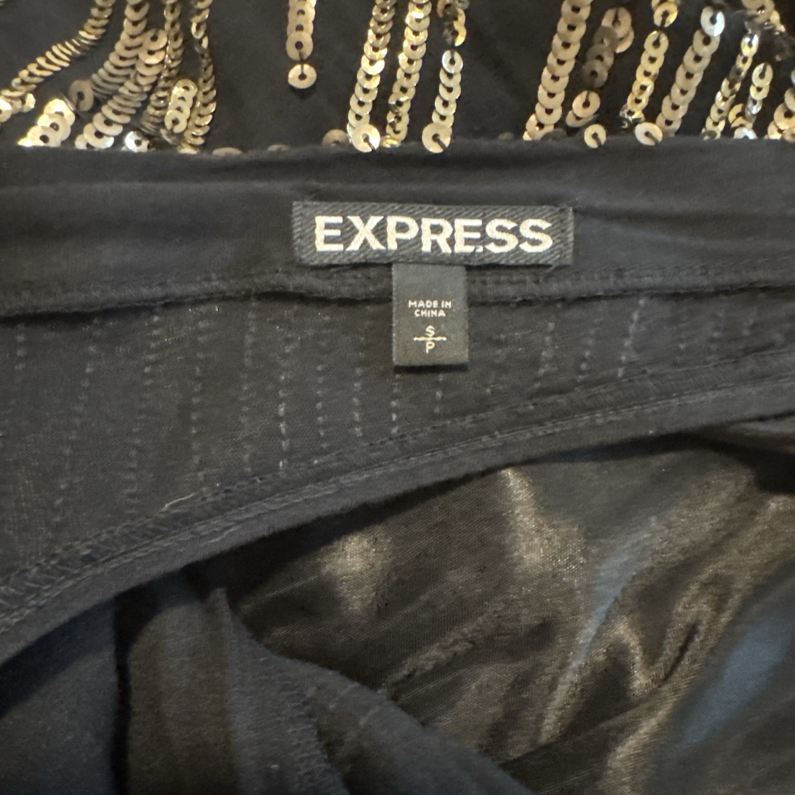 Express Black Gold Sequin Midi Dress Deep V Open Back Satin Belt Size Small