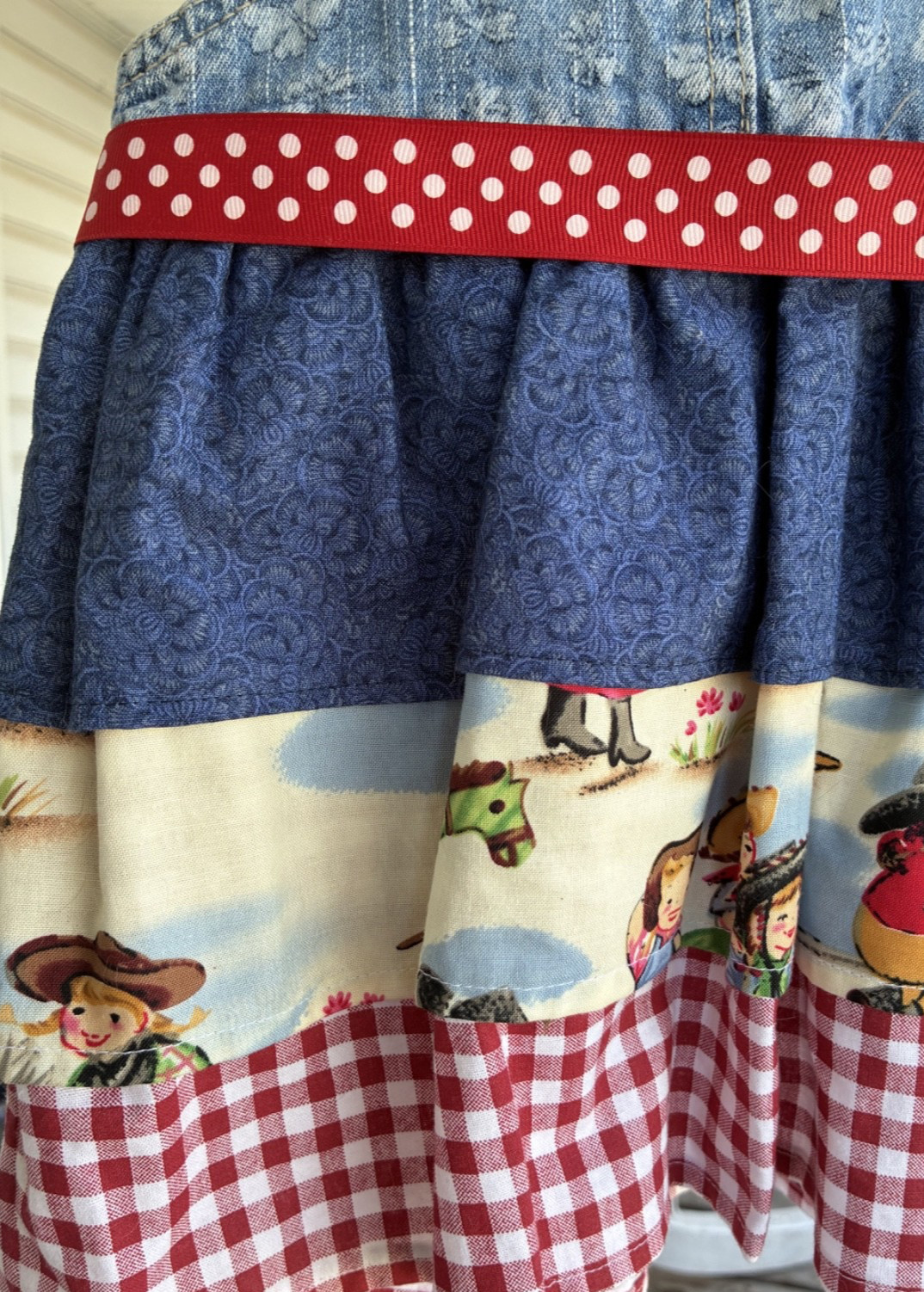 Upcycled Denim Overall Bodice Into Jumper Dress Cowgirl Print Toddler Size 2-3