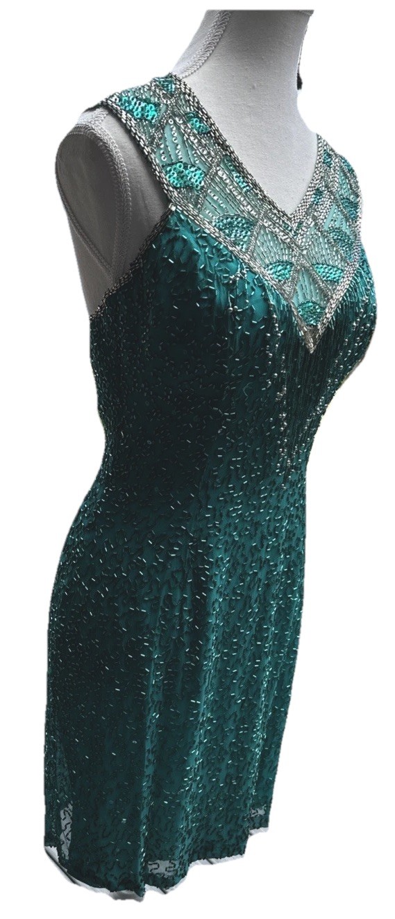 Cache Beaded Sequined Teal Formal Evening Dress Sz 8 Party 90s Y2K Flapper NYE
