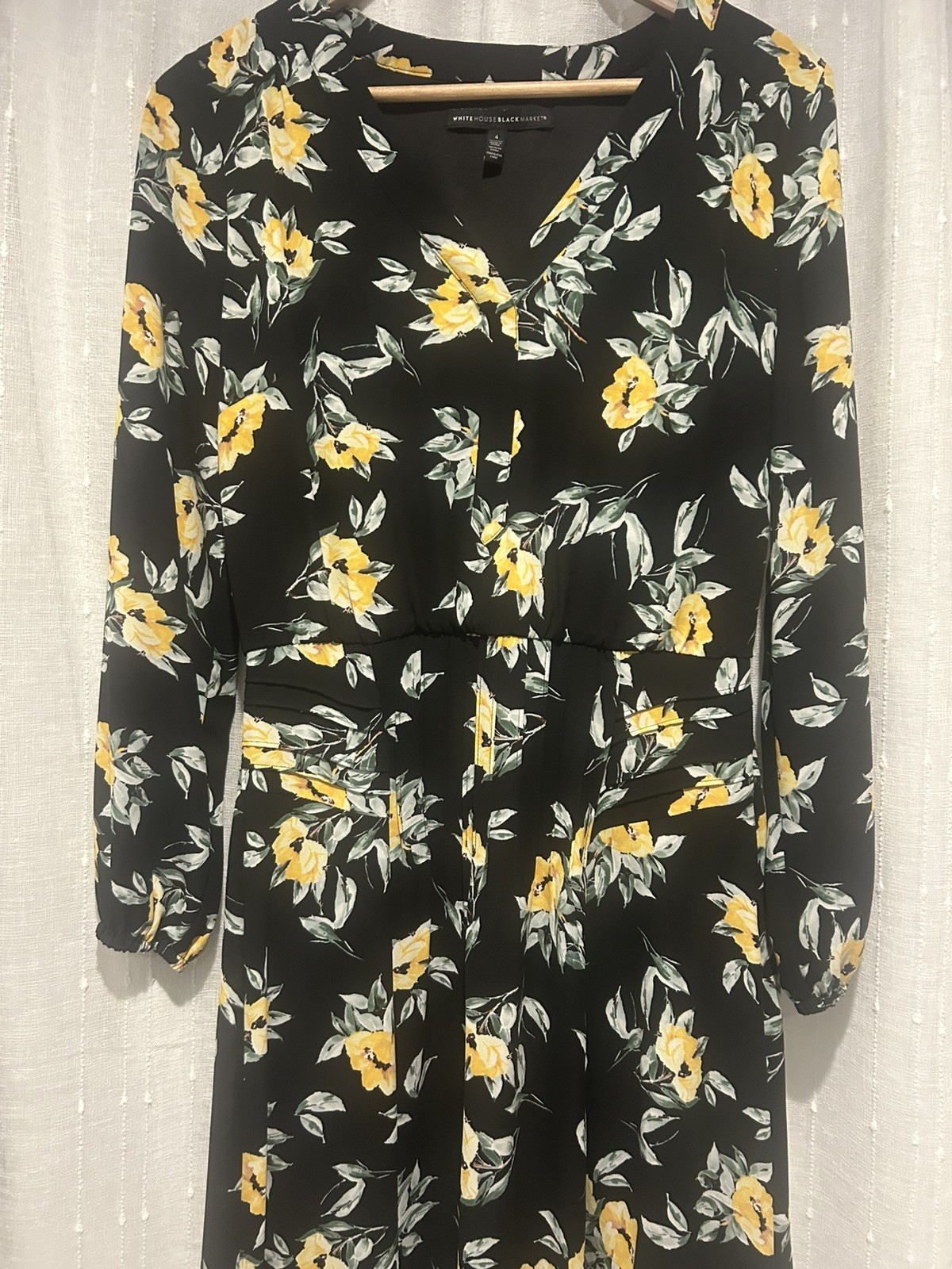 White House Black Market Dress Size 4 Black Yellow Floral Midi Long Sleeve