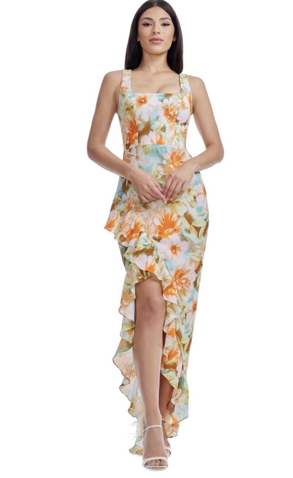 Dress the Population Women’s Charlene Square-Neck Ruffle-Trim Gown- Sorbet Multi