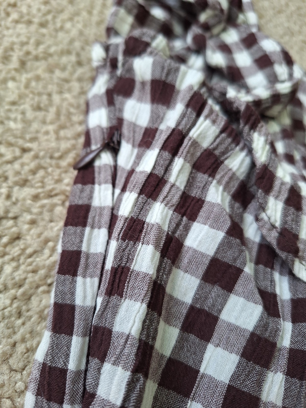 Topshop Brown Gingham Plaid Ruffled Apron Style Dress zipper in Side S US 4