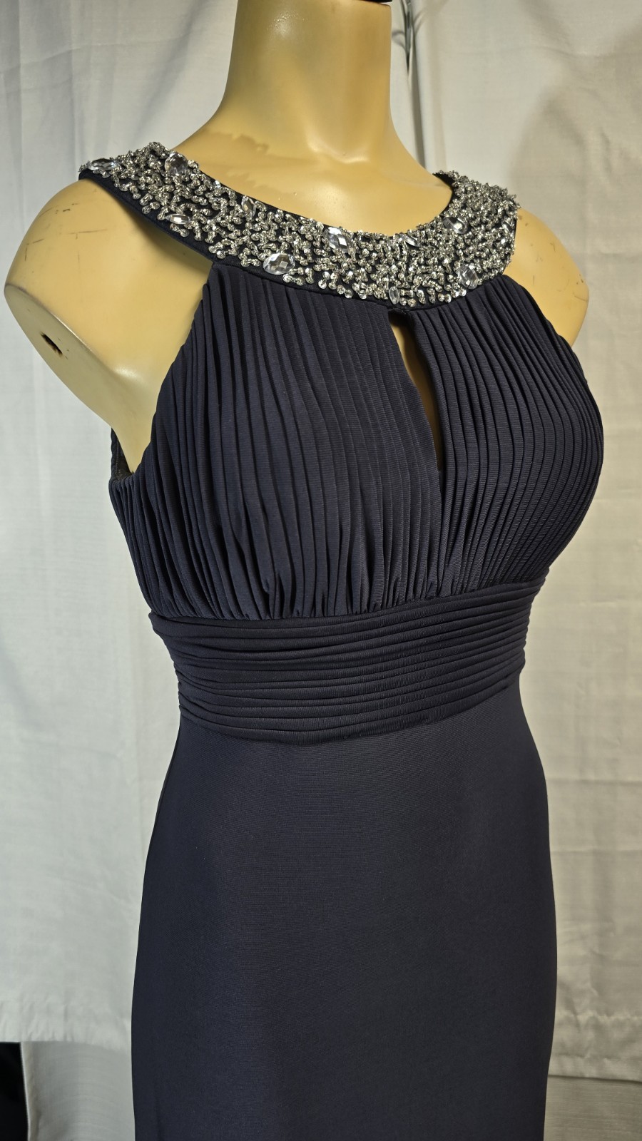 JS Boutique Gown 4 Navy Beaded Pleated Formal Evening Prom Maxi Dress