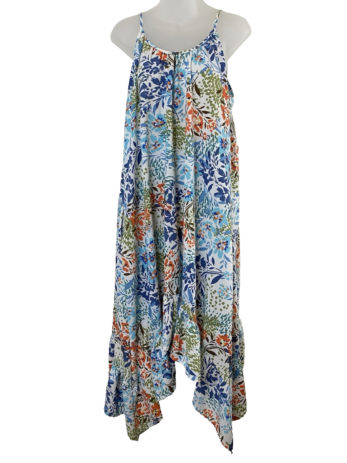 Three Bird Nest Ellie Ruffle Midi Dress Small Floral White Blue Green Boho