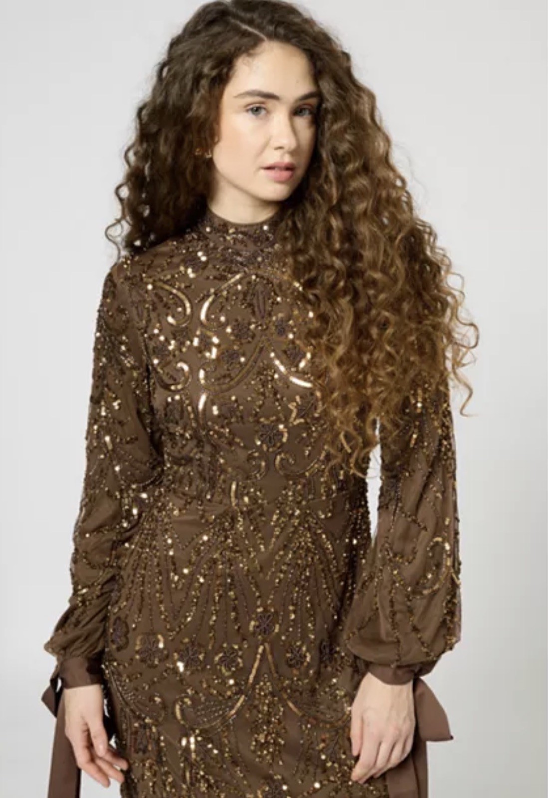 Women’s Modest Embellished Sequin Long Sleeve Maxi Trail Dress Size 4