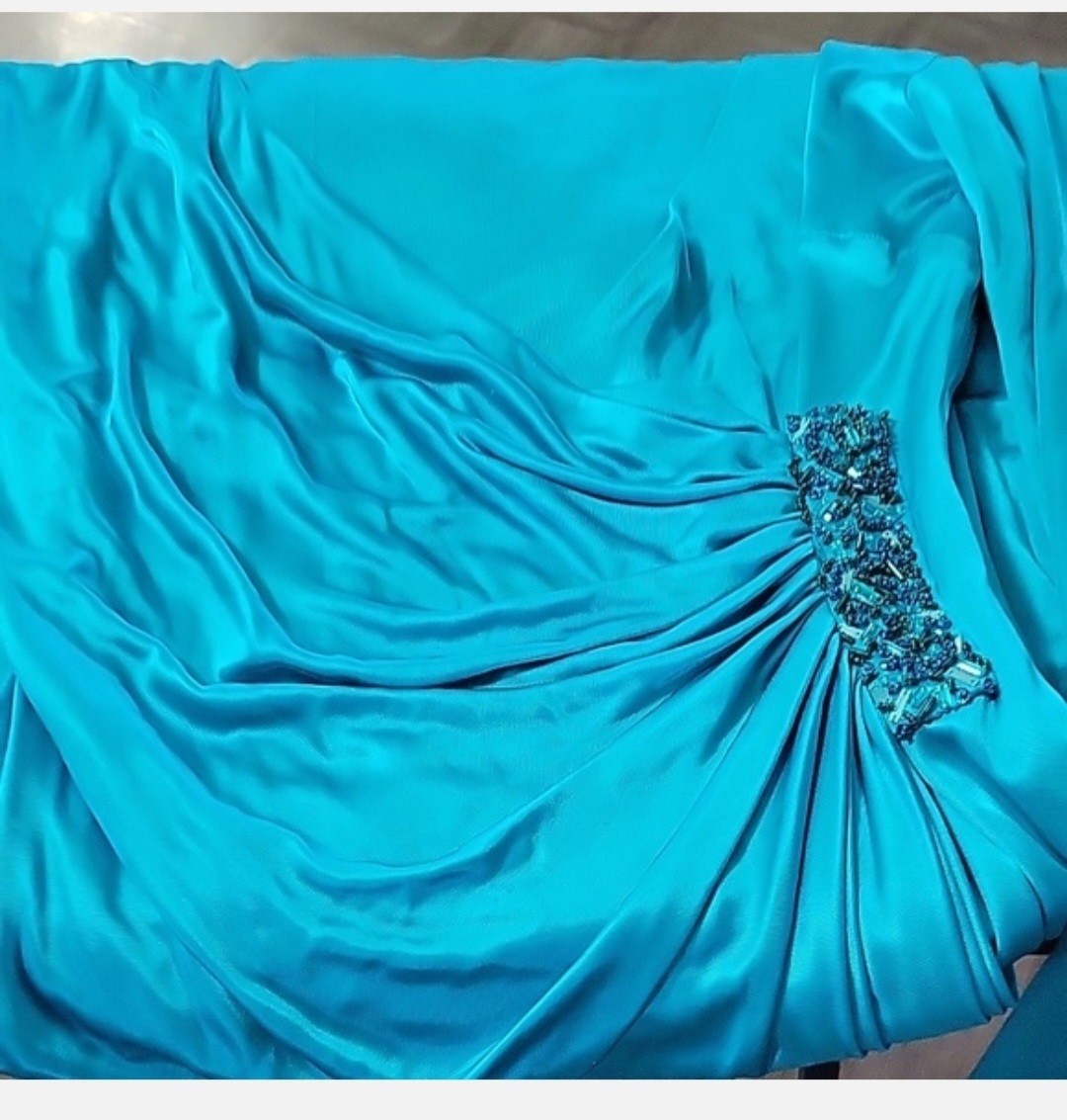 Versace Blue Silk Satin Draped Ruched Beaded Cowl Neck Dress Long small