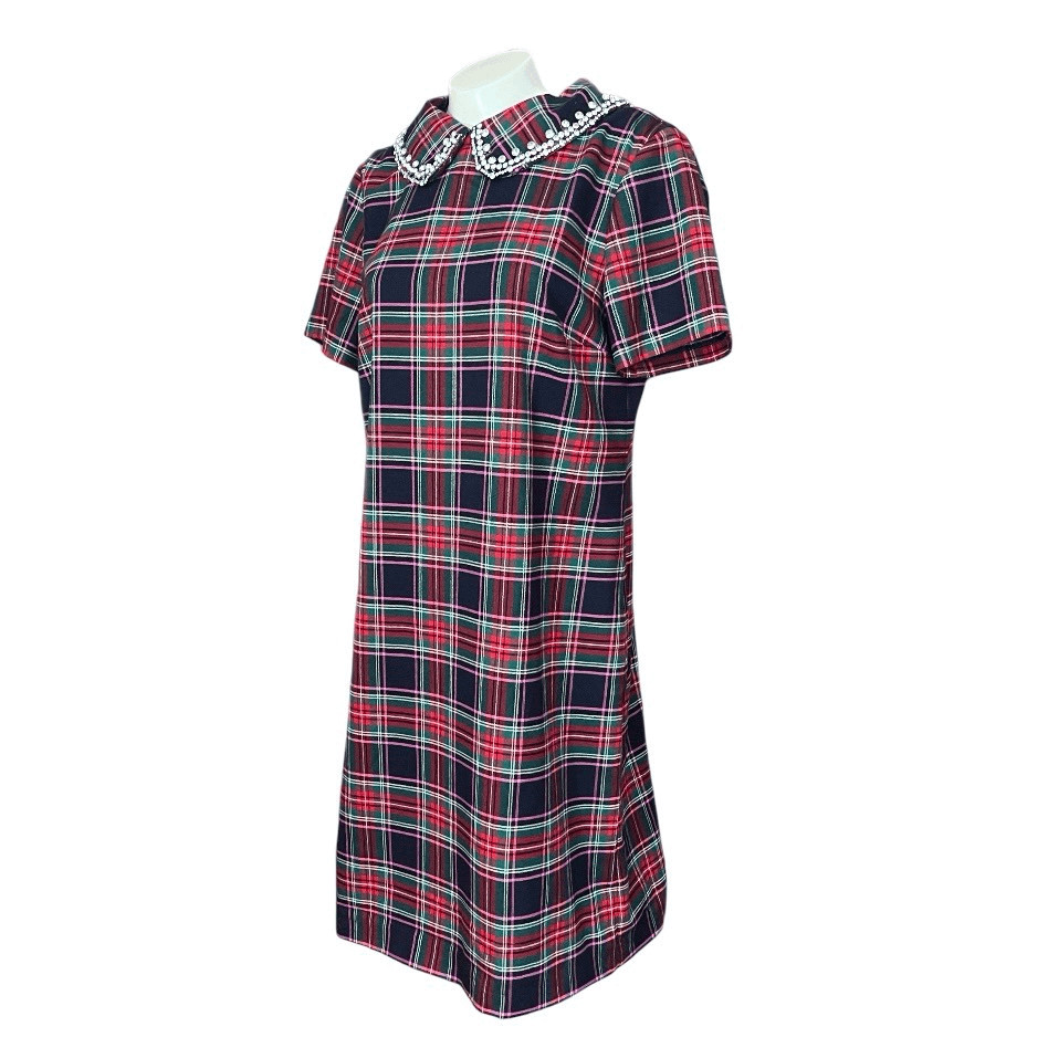 Talbots Classic Christmas Dashing Plaid Removable Rhinestone Collar Dress 8