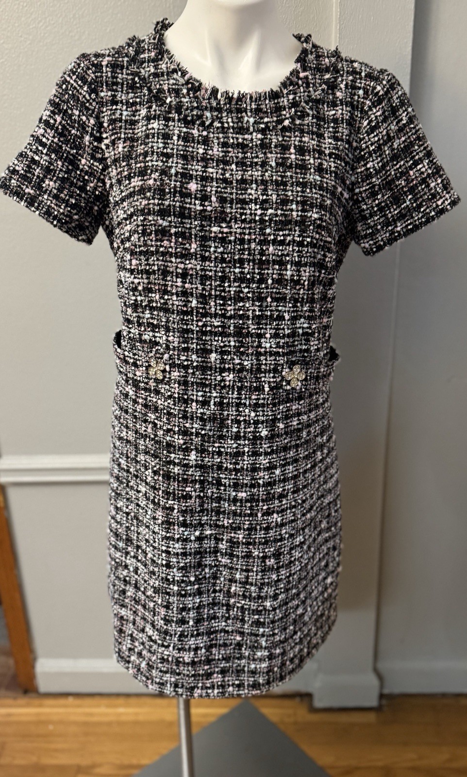 Eliza J Black Pink White Tweed Short Sleeve Sheath Dress Zip Knee Size 12