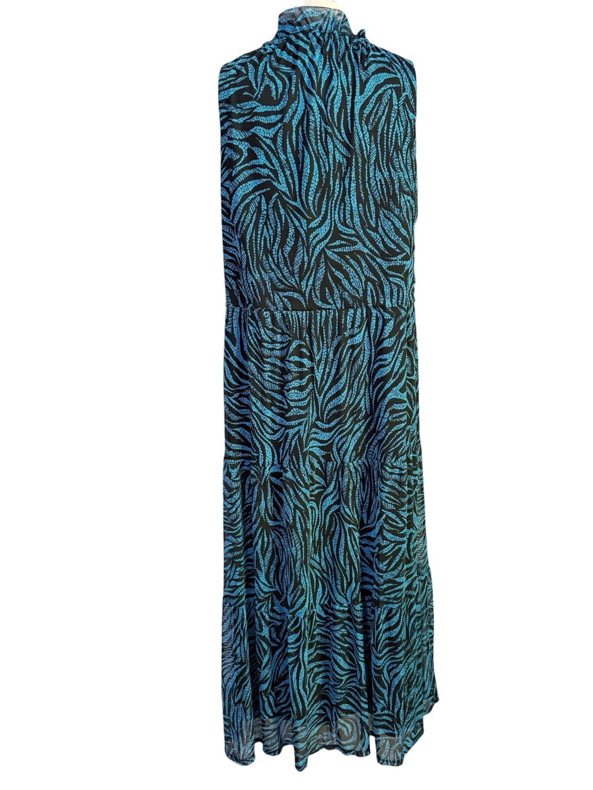 Harper 241 Blue Mesh Lined Leaf Print Tiered Boho Tie Neck Maxi Dress M