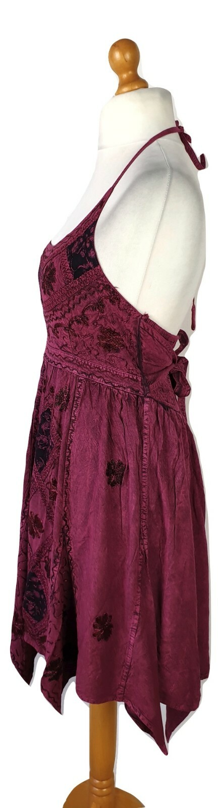 Bohemian Halter Dress Knee Length Pixie Hem Smocked Back Embroidered 8 10 12 14