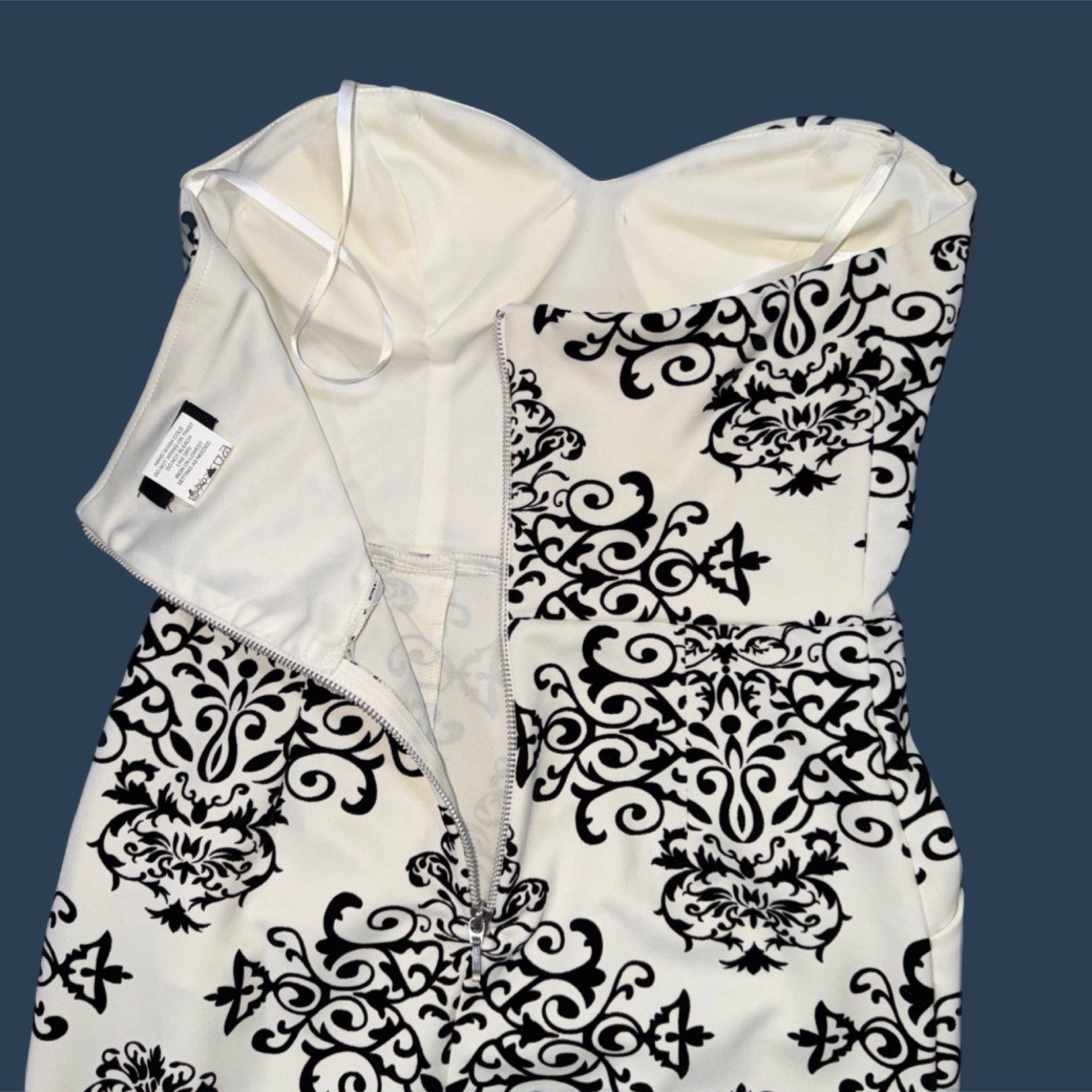 B Darlin Womens Strapless Sweetheart Cream Black Sheath Bodycon Dress Sz 11/ 12