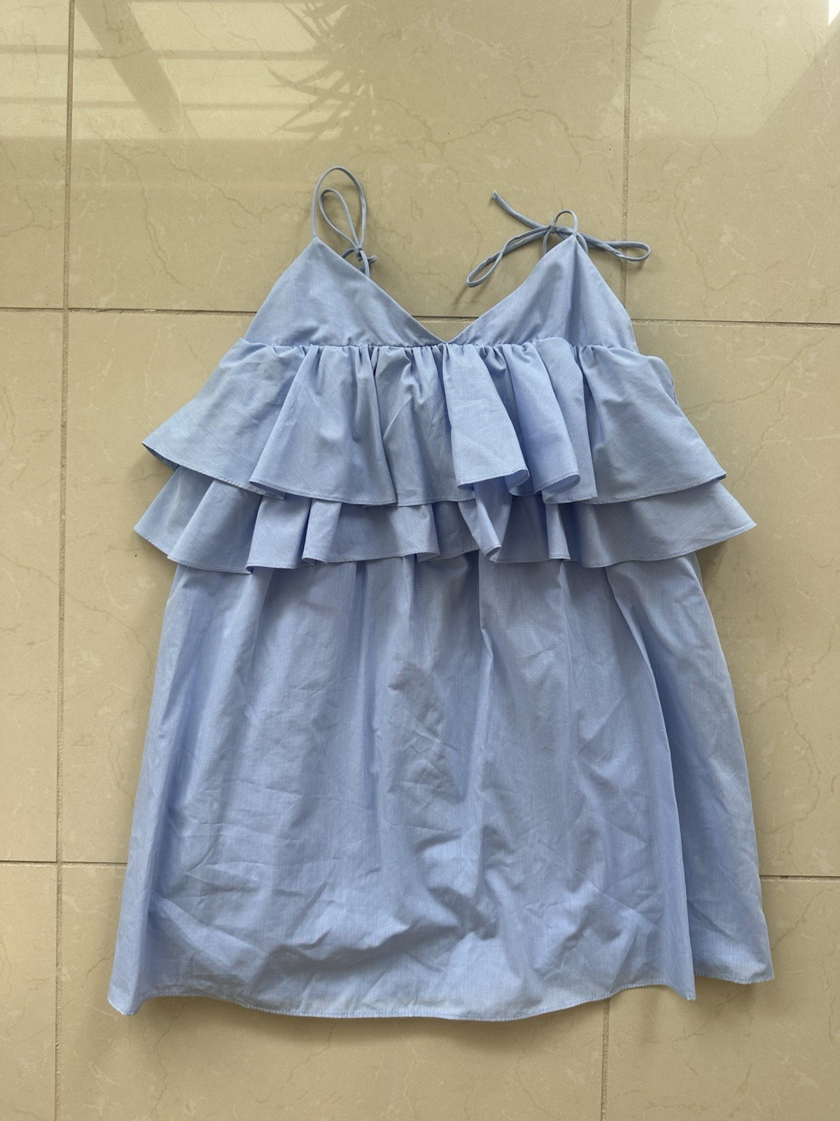 NWOT Zara Trafaluc Blue Tiered Ruffle Mini Dress Womens Tie Shoulder Pockets SzL