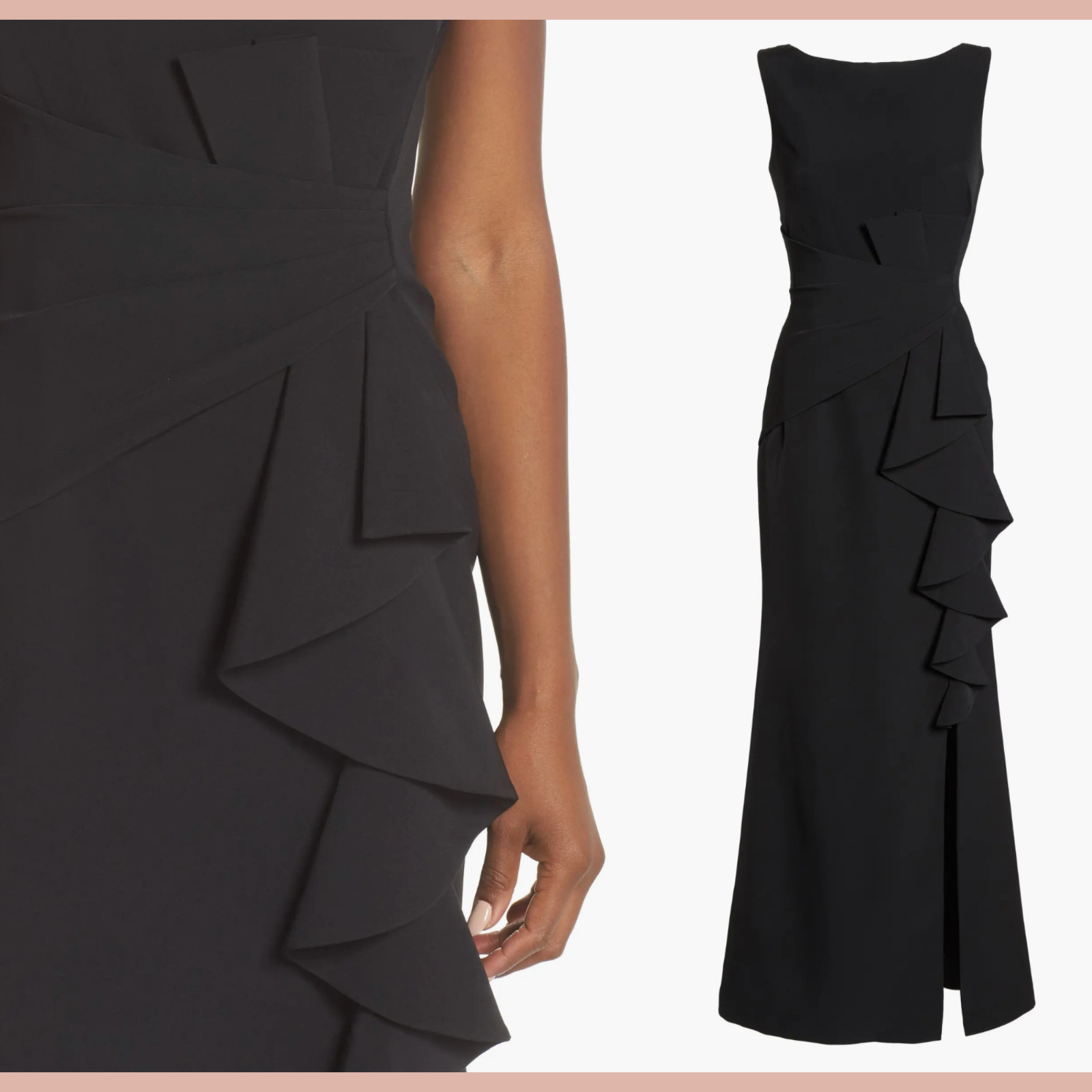 NWT $188 Eliza J [ 6 ] Sleeveless Cascading Ruffle Front Gown in Black #J920