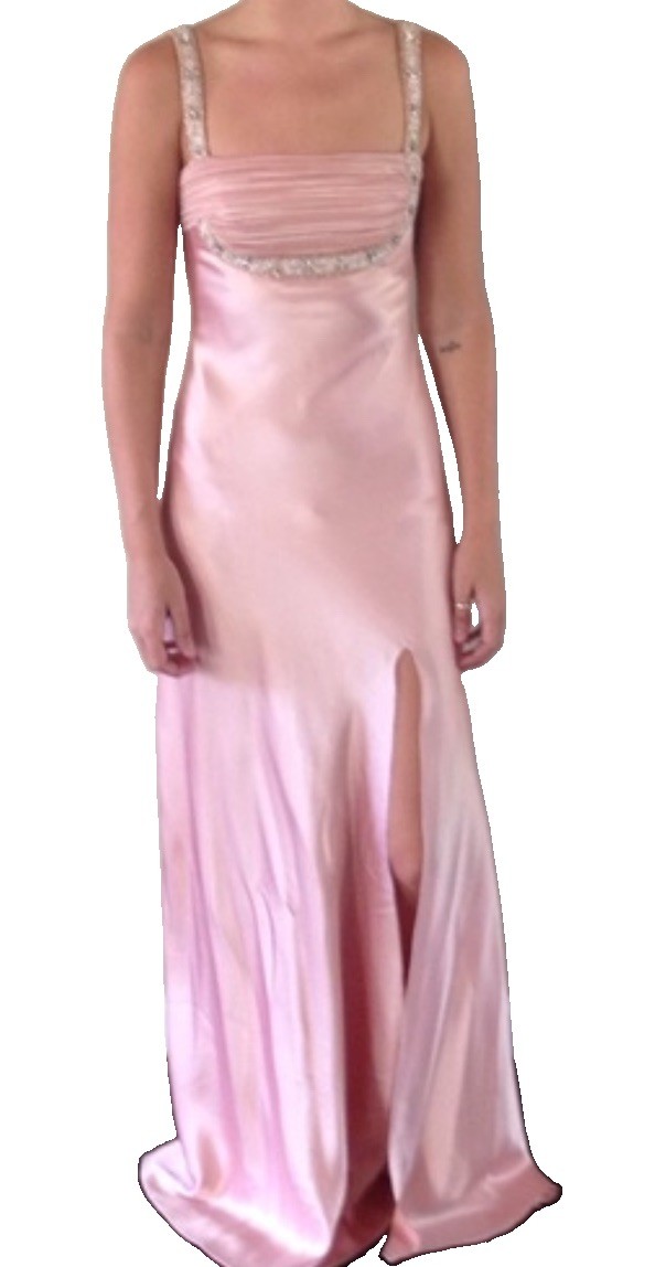Faviana Pink Satin Beaded Strap Square Neck Side Slit Maxi Dress 2 vintage