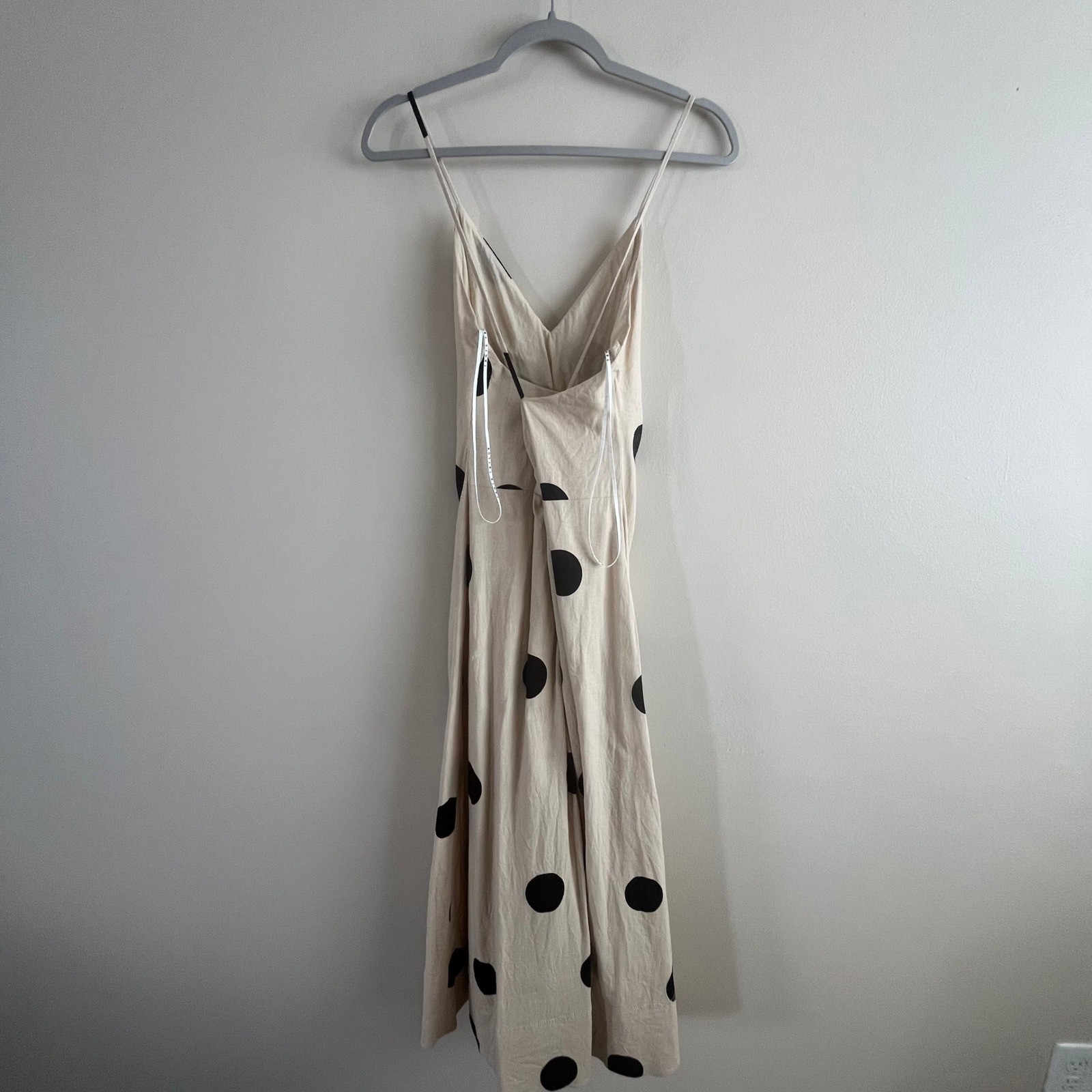 Tanya Taylor Meredith Dress Polka Dot Linen Ruched V Neck Cream Midi 4