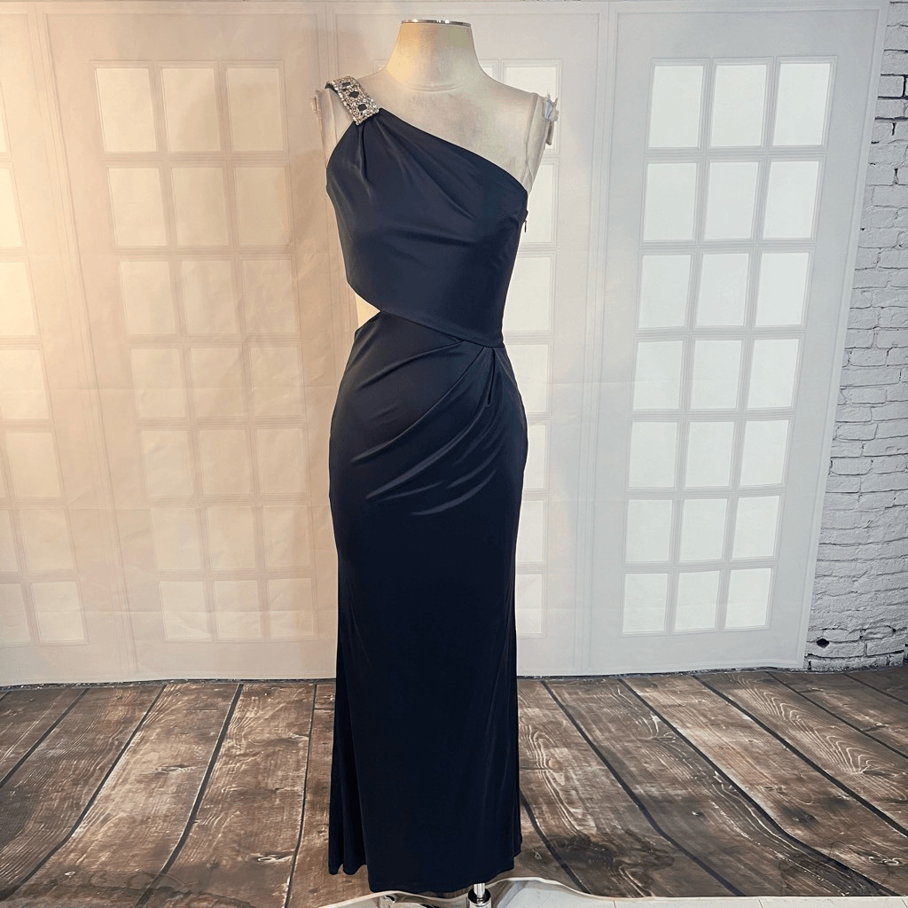 Kurt Thomas liquid blue stretch satin embellished one shoulder cutout gown