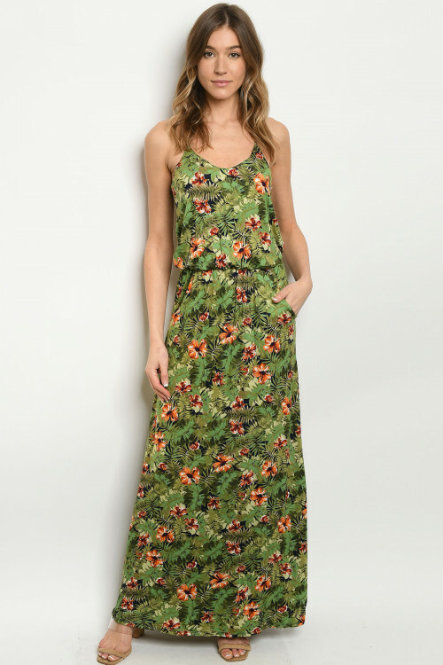 Olive Green Floral Maxi Dress Size Medium Pockets Racerback