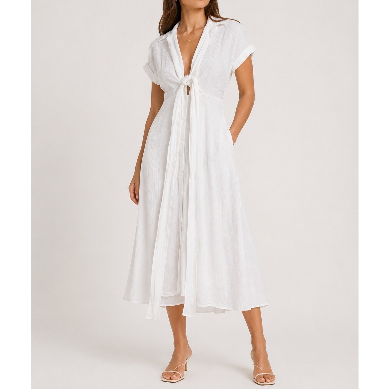 Lulus White Tie-Front Seersucker Midi Dress Short Sleeve Button Front Womens S