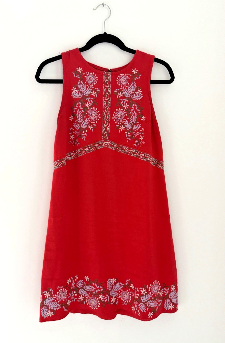 Anthropologie Aiko Red Embroidered Linen Lyocell Shift Dress Women’s US 2 Floral