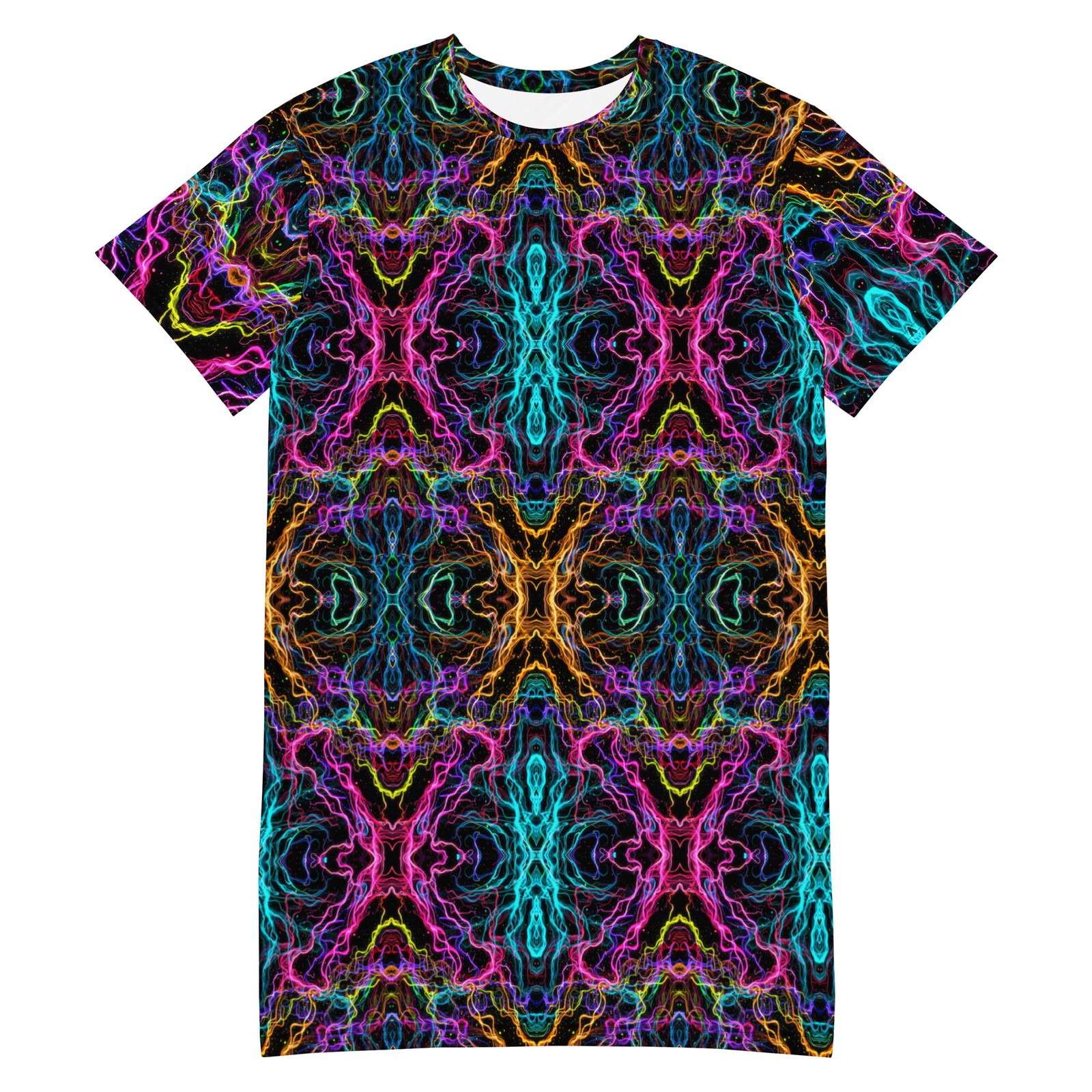 Electric Soul – Neon Light Trails Abstract T-Shirt Dress