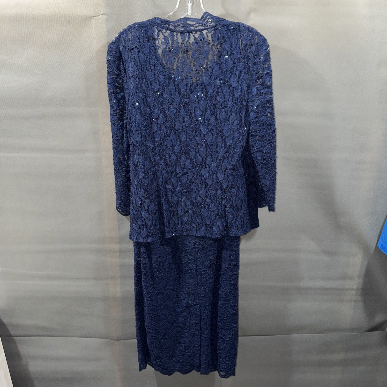 Alex Evenings Dress With Jacket Midi Length Sequin Lace Size 8 Blue Approx 40” L