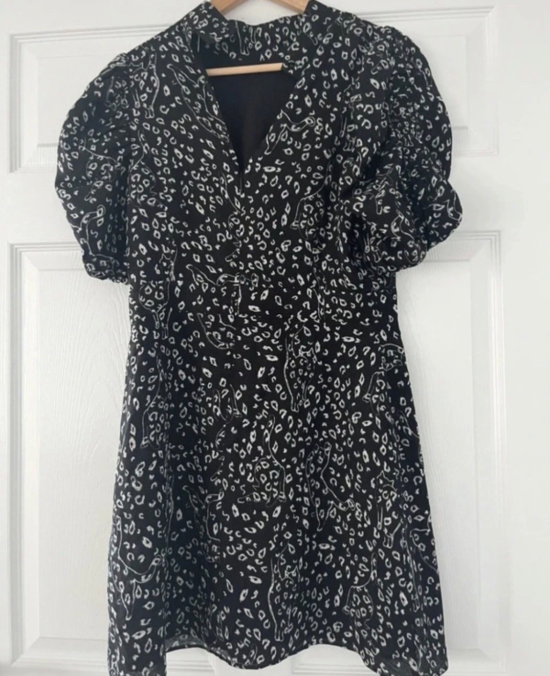 TED BAKER Raayy cat print puff sleeve high neck black white dress 3 12 new r