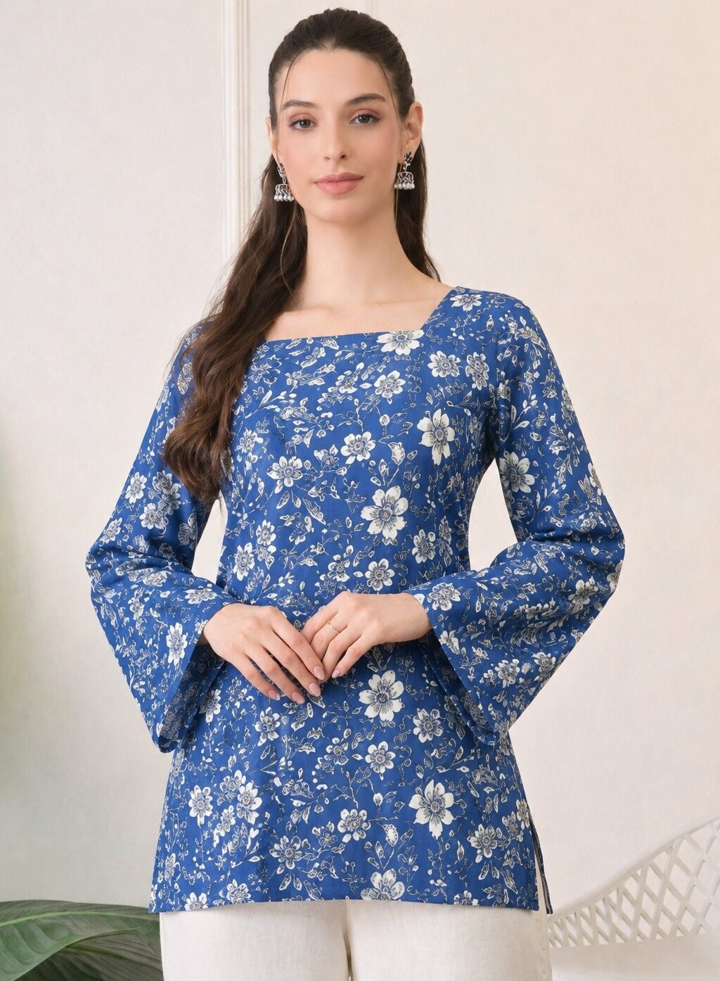 Blue Floral Printed Rayon Tunic Top | Lace Up Corset Back for Perfect Fitting.