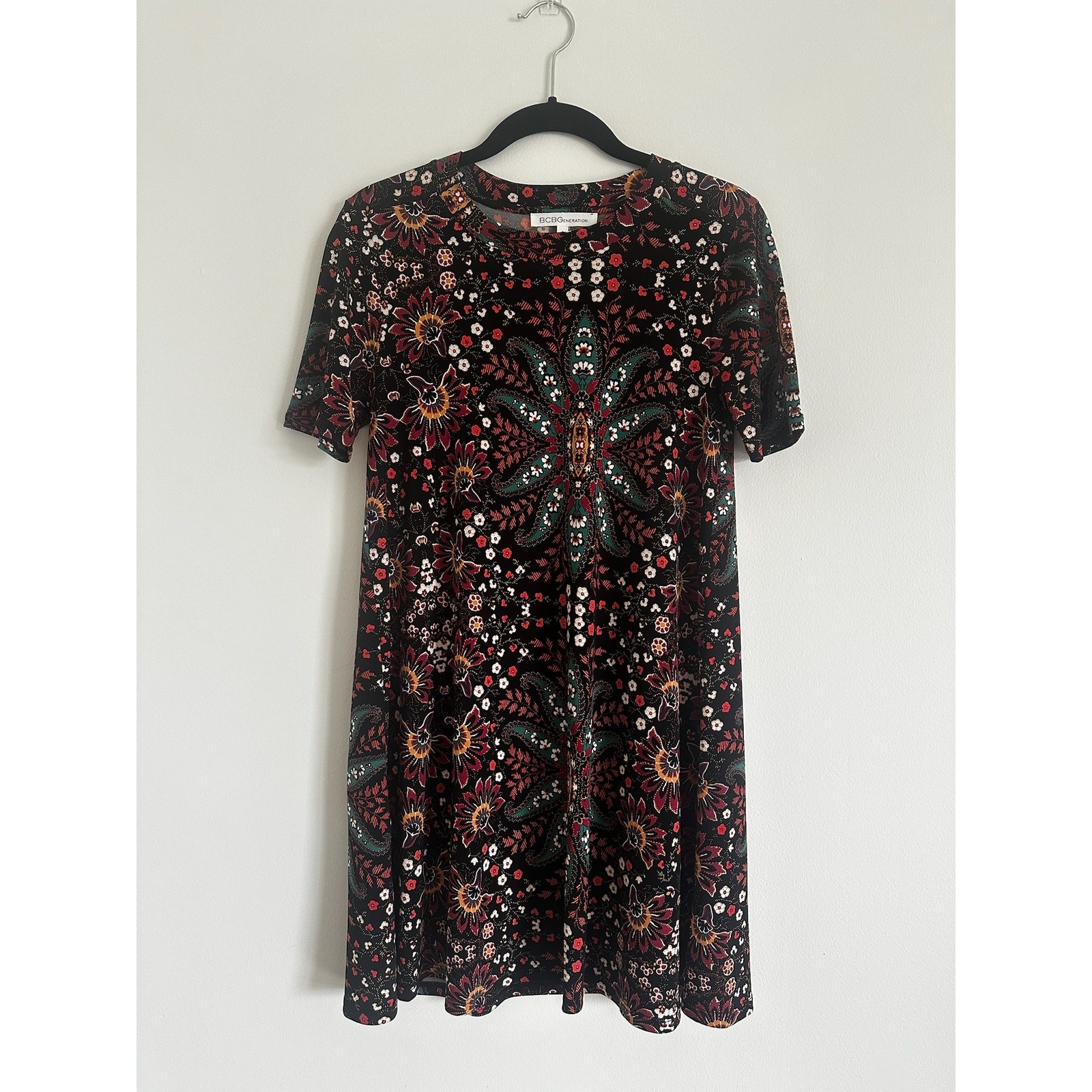 BCBGeneration Paisley Floral A-Line Mini Dress Black Rust Small Stretch